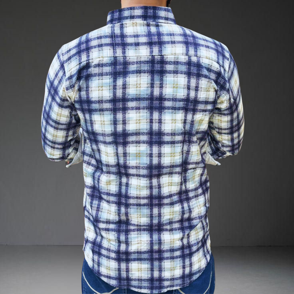 Navy white check cotton shirt back view long sleeve casual