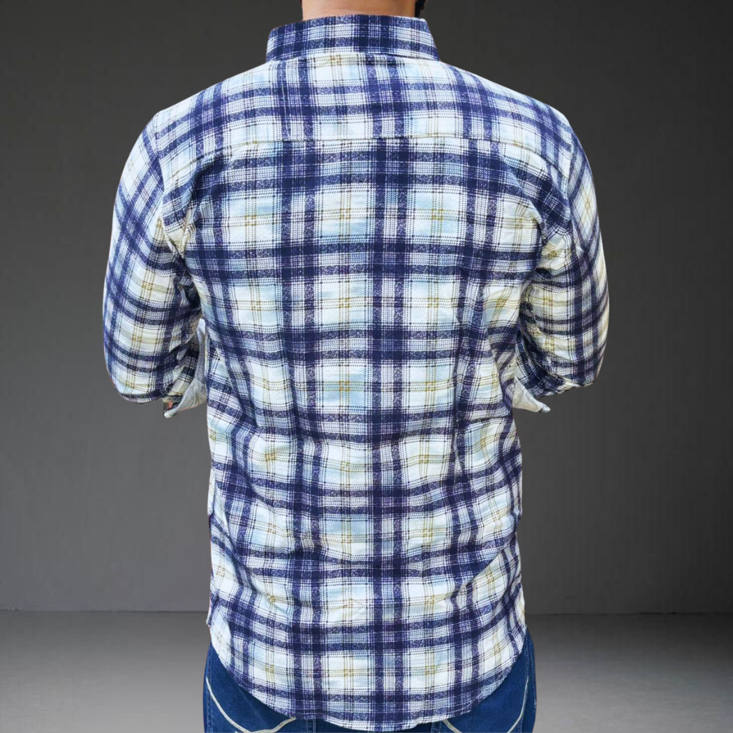 Navy white check cotton shirt back view long sleeve casual