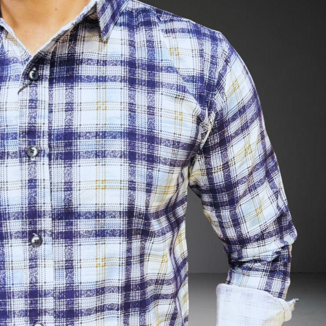 Navy blue white check pattern cotton shirt fabric detail