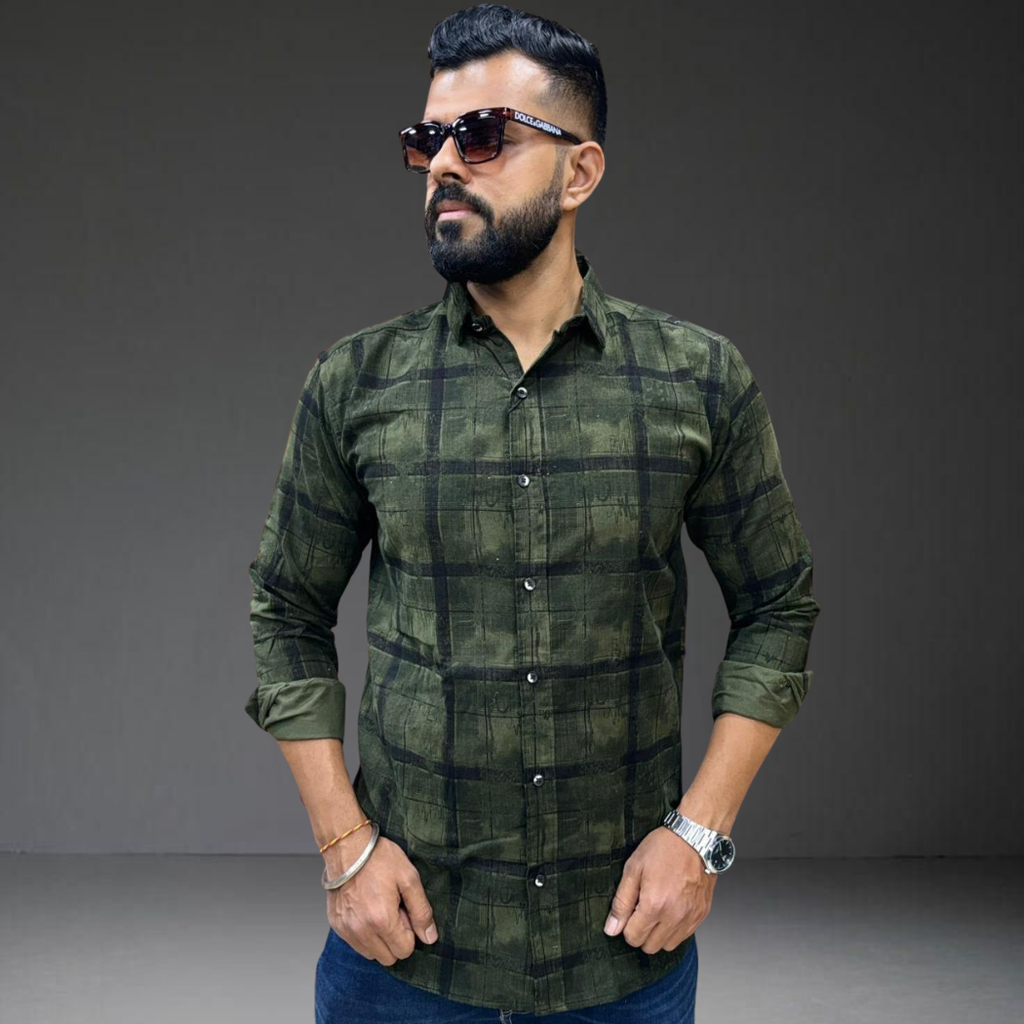 Olive green black check cotton shirt on man Prospera outdoor style