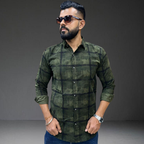 Olive green black check cotton shirt on man Prospera outdoor style