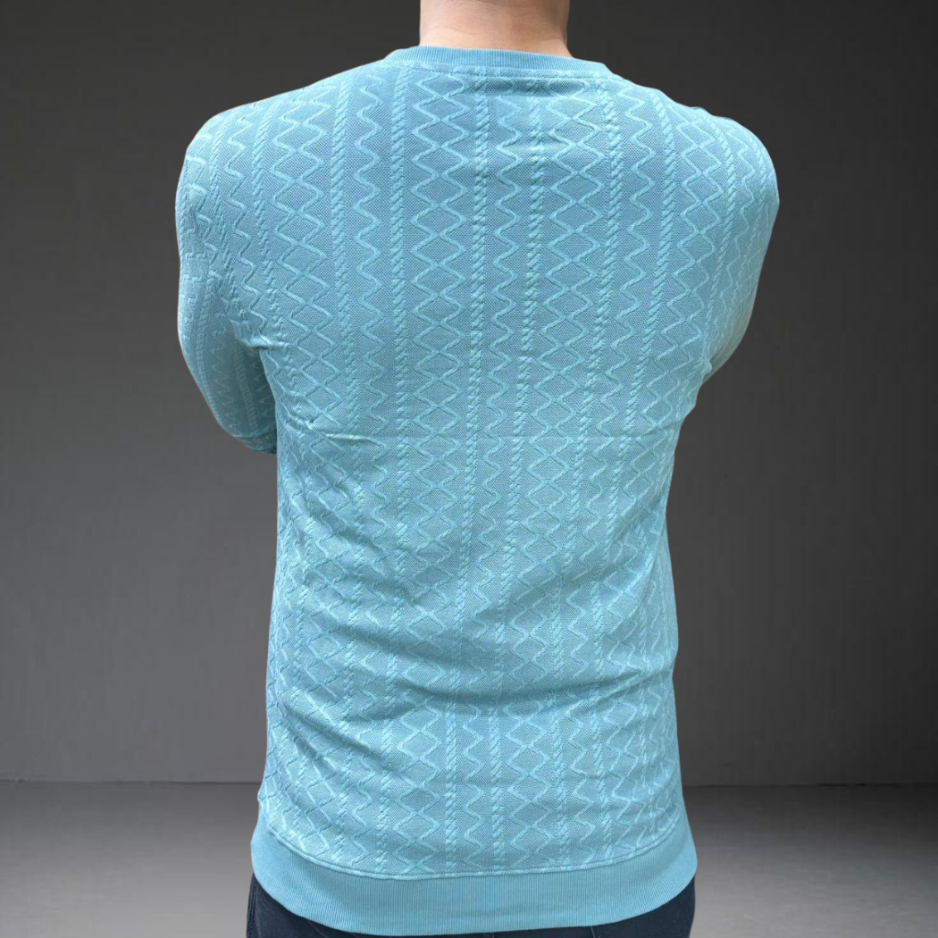 Powder blue textured knit t-shirt back style  - premium cotton fabric pattern