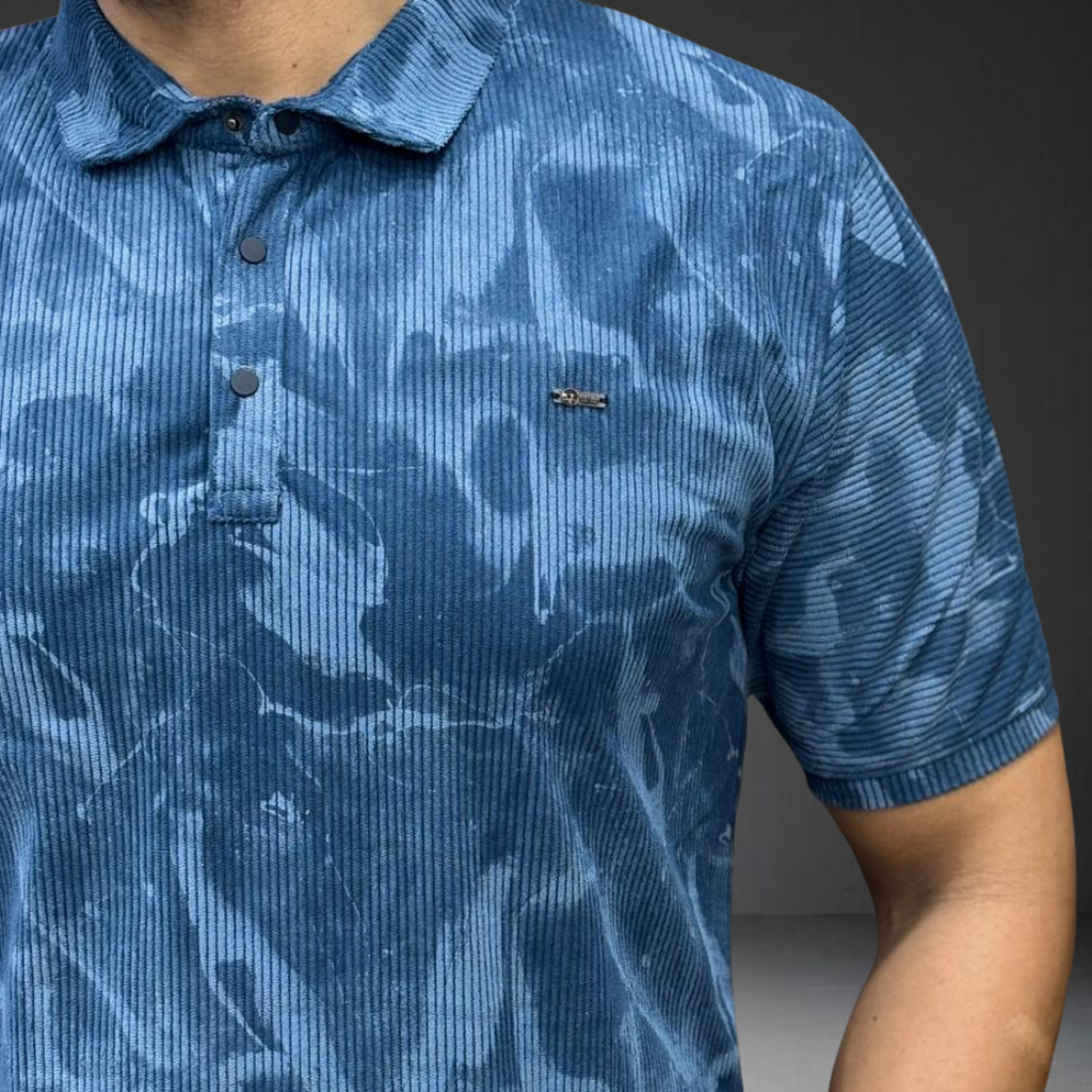 Rich blue corduroy polo texture fabric detail closeup Prospera