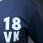 Navy blue 240 GSM oversized t-shirt with 18 VK chest print close up - Prospera Clothing