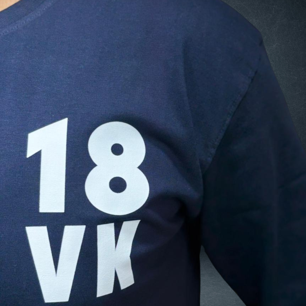 Navy blue 240 GSM oversized t-shirt with 18 VK chest print close up - Prospera Clothing