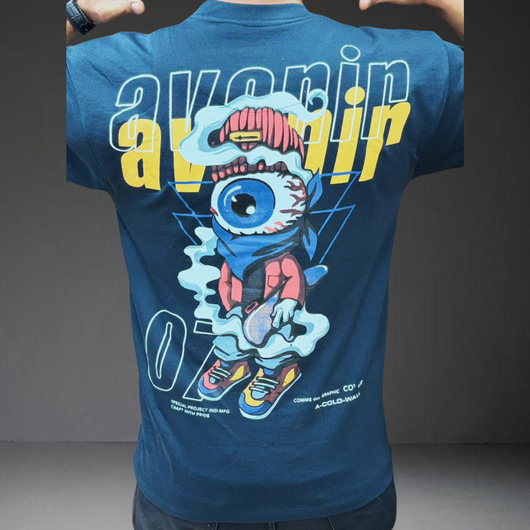 Navy blue back print graphic design text detail Prospera tee