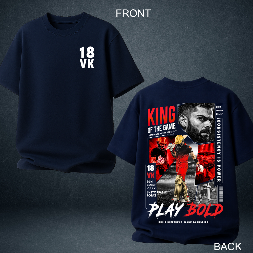 Navy blue VK 18 King of the Game oversized t-shirt front and back - Prospera Clothing India