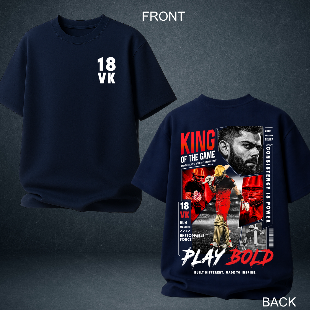 Navy blue VK 18 King of the Game oversized t-shirt front and back - Prospera Clothing India