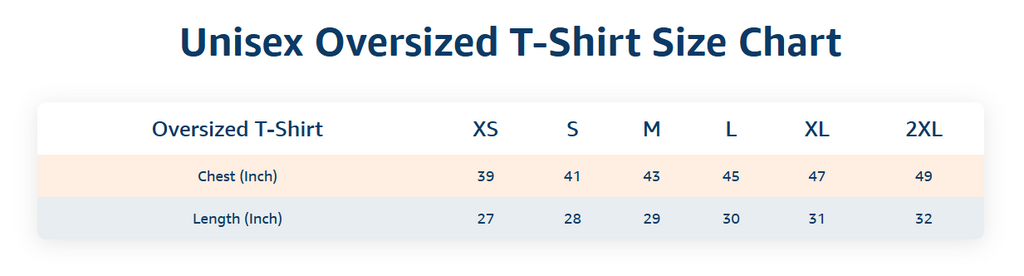 size chart of unisex overized mahadev T-Shirt