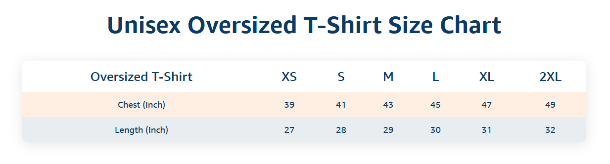 size chart of unisex overized mahadev T-Shirt