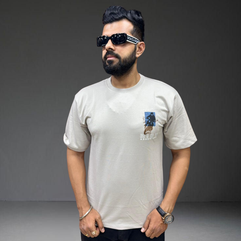 Rich cream oversized t-shirt front view rider theme Prospera