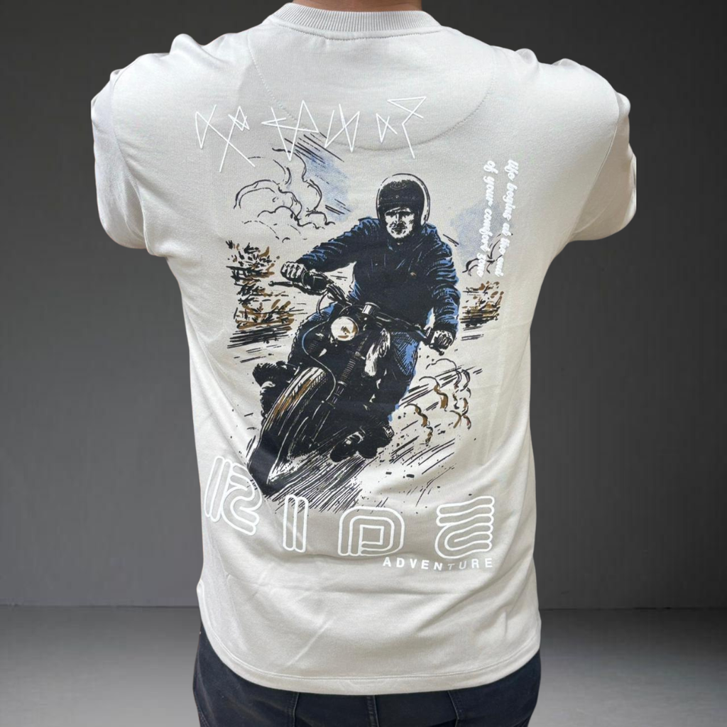 Rider back print graphic motorcycle freedom design cream tee