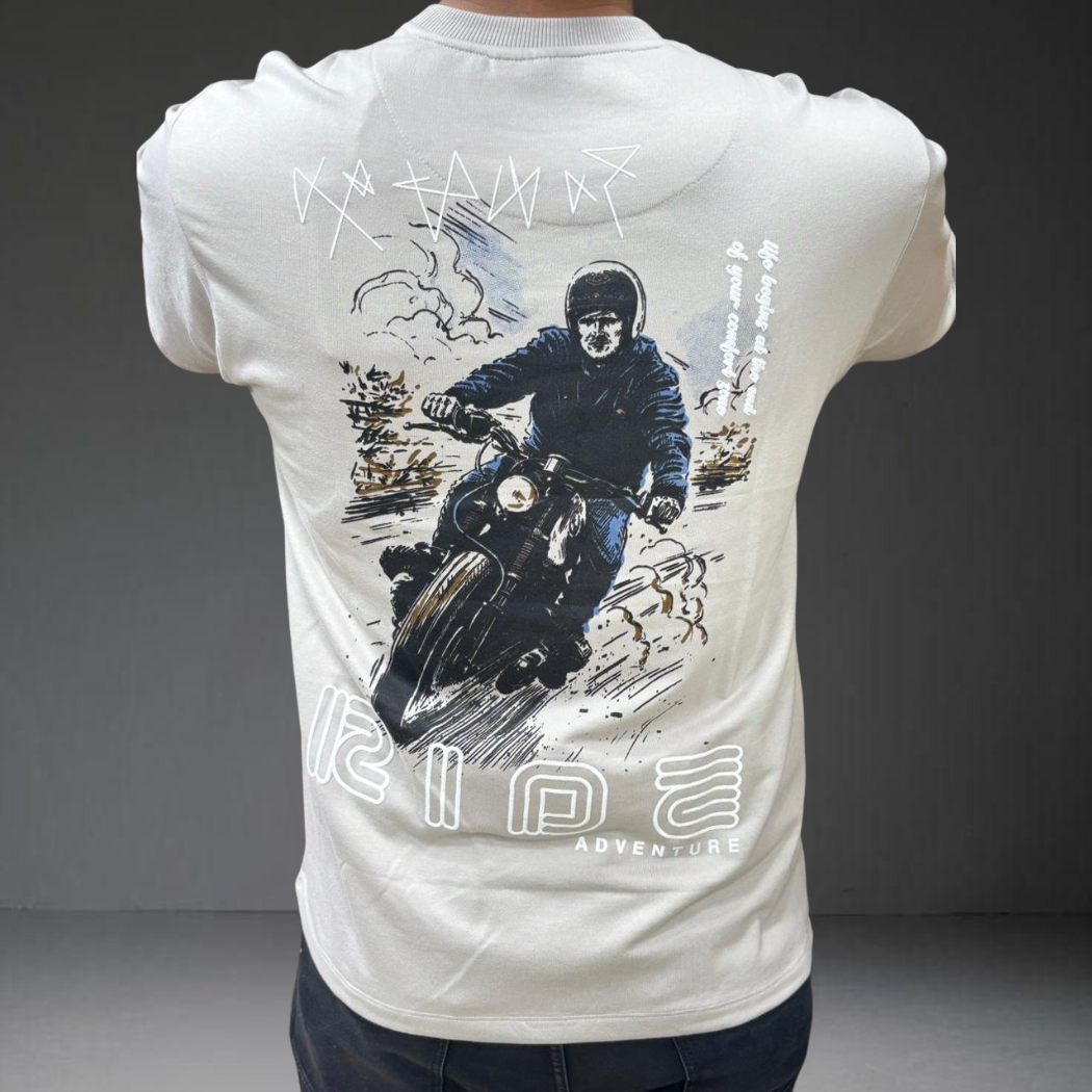 Rider back print graphic motorcycle freedom design cream tee