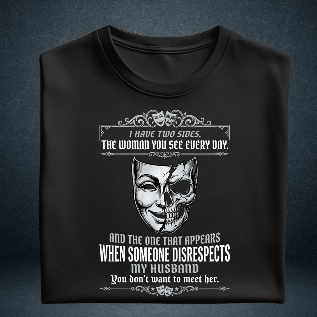 Women's black oversized graphic t-shirt  Two Sides skull print  wife quote tee - Prospera Clothing