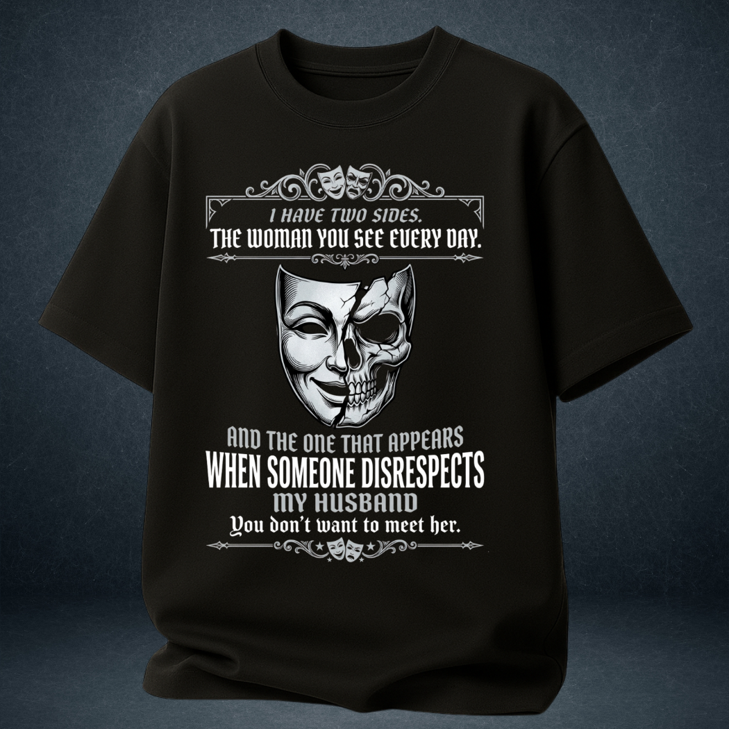 Women's black graphic oversized t-shirt Two Sides wife quote skull design - Prospera India