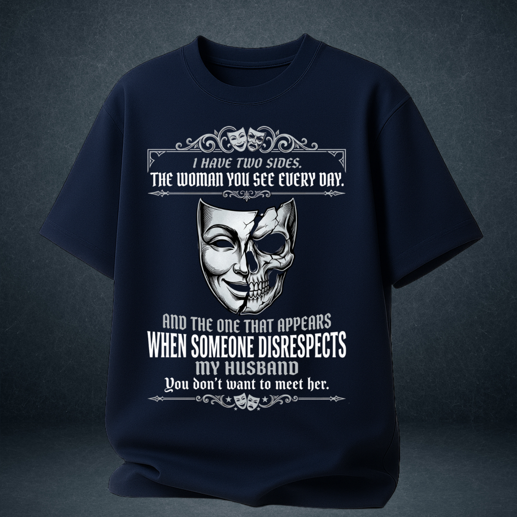 Women's navy blue Two Sides oversized t-shirt worn front view husband wife graphic tee India