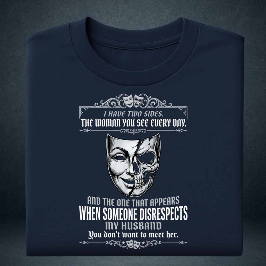  Women's navy blue oversized graphic t-shirt folded Two Sides husband wife quote print - Prospera Clothing India