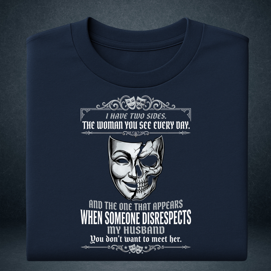  Women's navy blue oversized graphic t-shirt folded Two Sides husband wife quote print - Prospera Clothing India