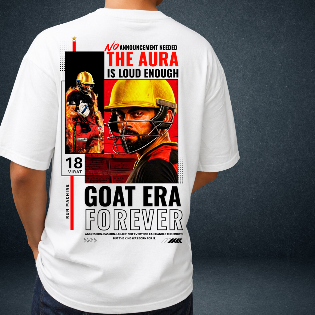 Virat Kohli RCB GOAT Era white oversized t-shirt back view with bold graphic print – Prospera Clothing