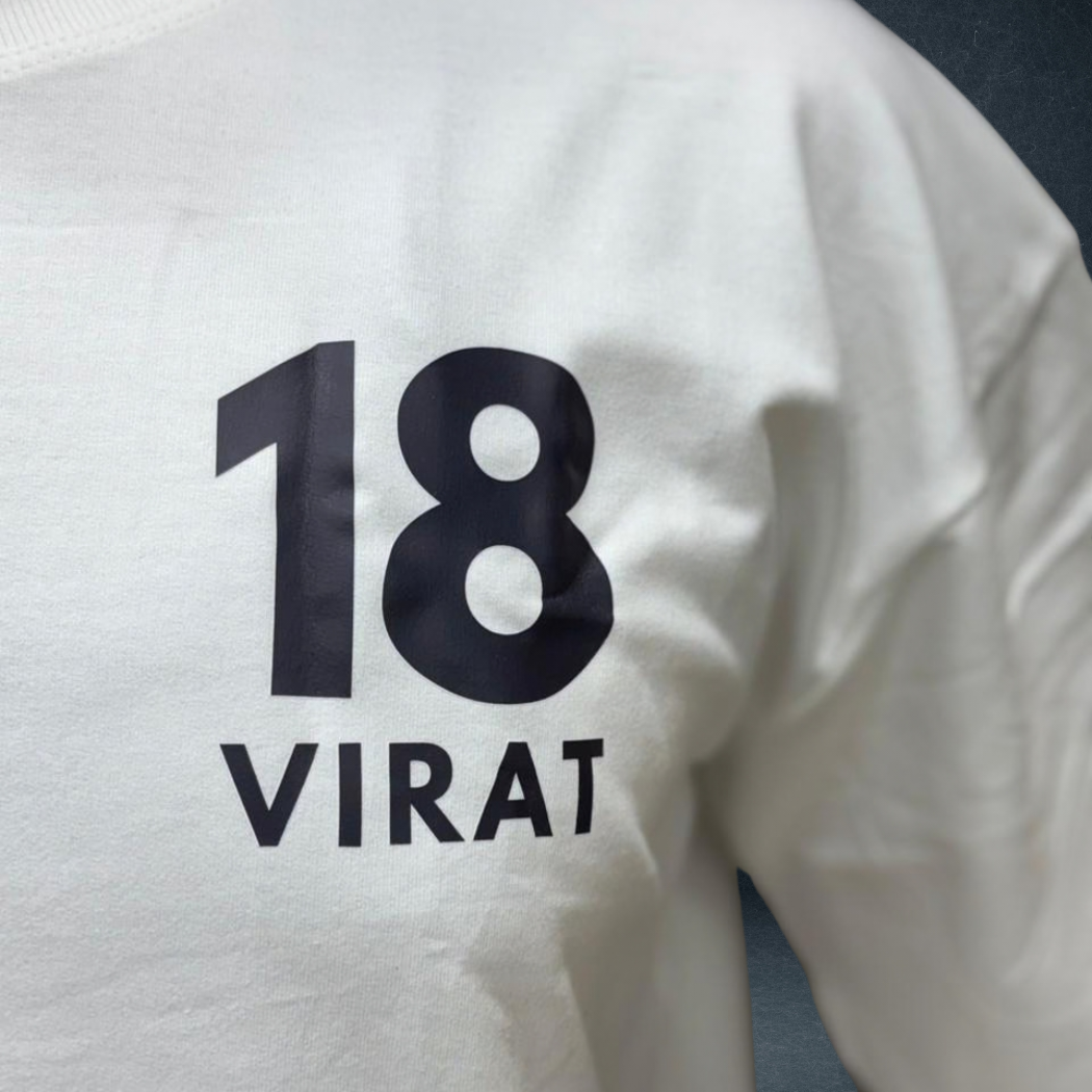 Close-up of #18 Virat chest print on white oversized cotton t-shirt – Prospera Clothing