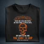 Men's black My Wife Is The One You Want To Skip graphic tshirt folded  orange skull print - Prospera Clothing