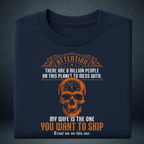 Men's navy blue My Wife Is The One You Want To Skip graphic tshirt folded  orange skull print - Prospera Clothing
