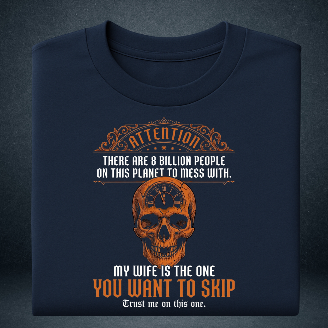 Men's navy blue My Wife Is The One You Want To Skip graphic tshirt folded  orange skull print - Prospera Clothing