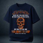 Men's navy blue oversized graphic t-shirt  8 Billion People My Wife You Want To Skip husband quote  orange skull - Prospera India
