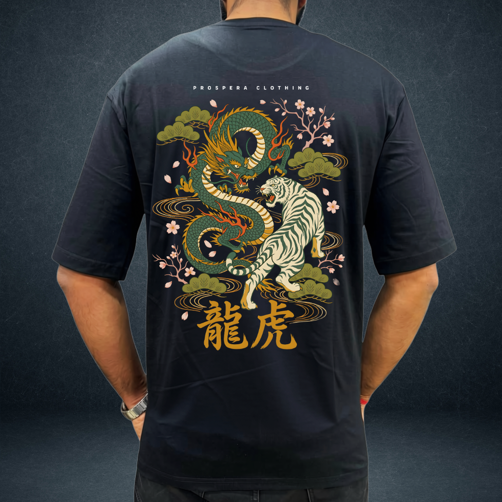 dragon vs tiger black unisex overiszed tshirt  back side image