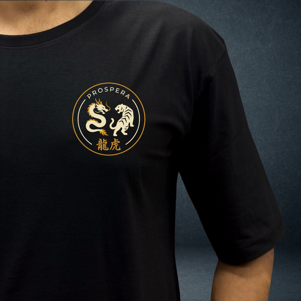 dragon vs tiger black unisex overiszed tshirt front close up logo