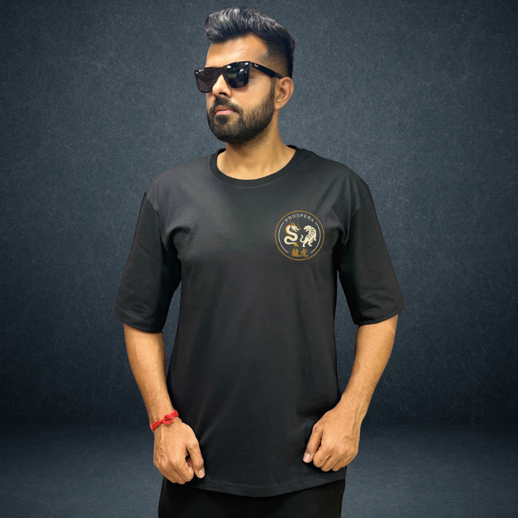 dragon vs tiger black unisex overiszed tshirt  front side model wear