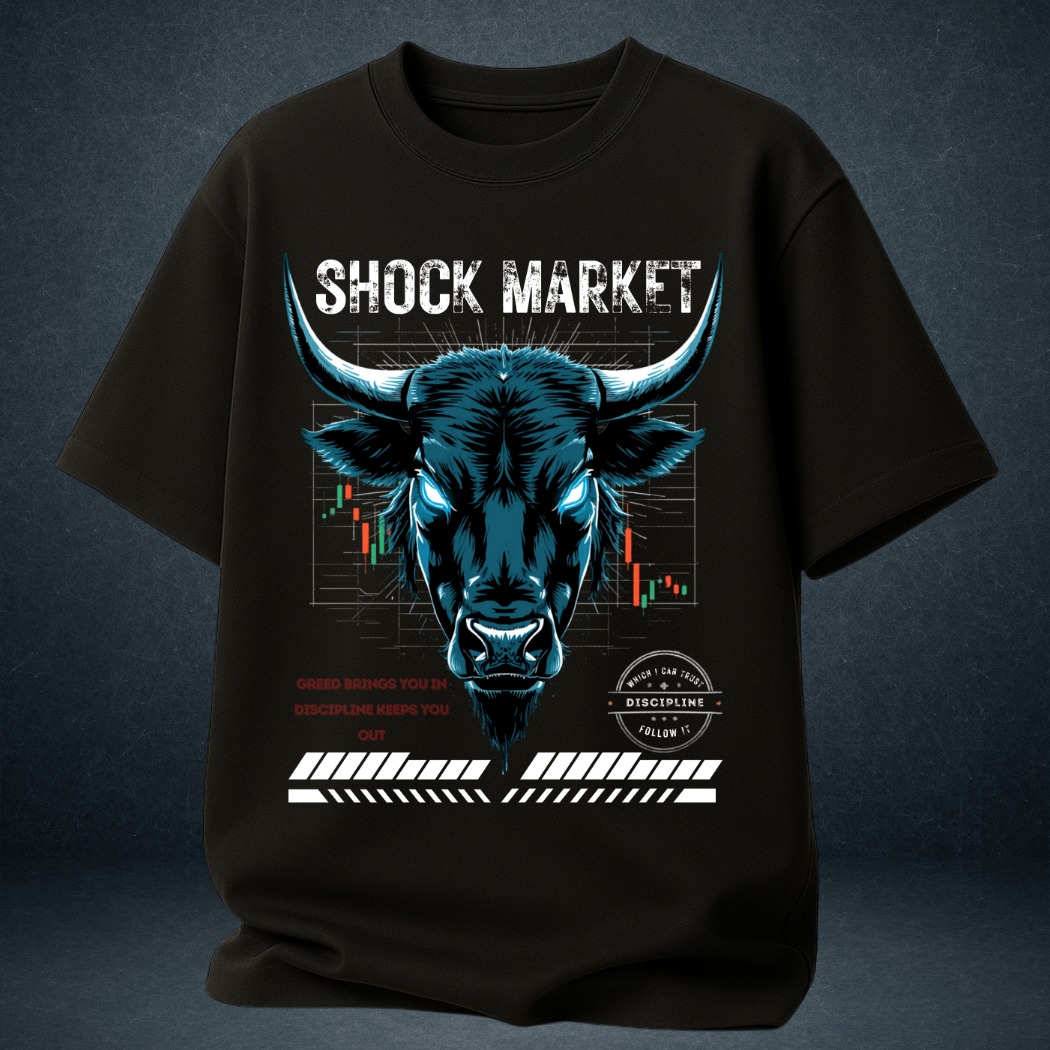  Shock Market oversized black t-shirt front view  glowing bull trading chart print  Prospera Clothing India