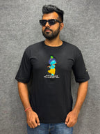 Model wear embroidery bal Krishna with flute and peacock feather on black cotton t-shirt with bagwadgita slok