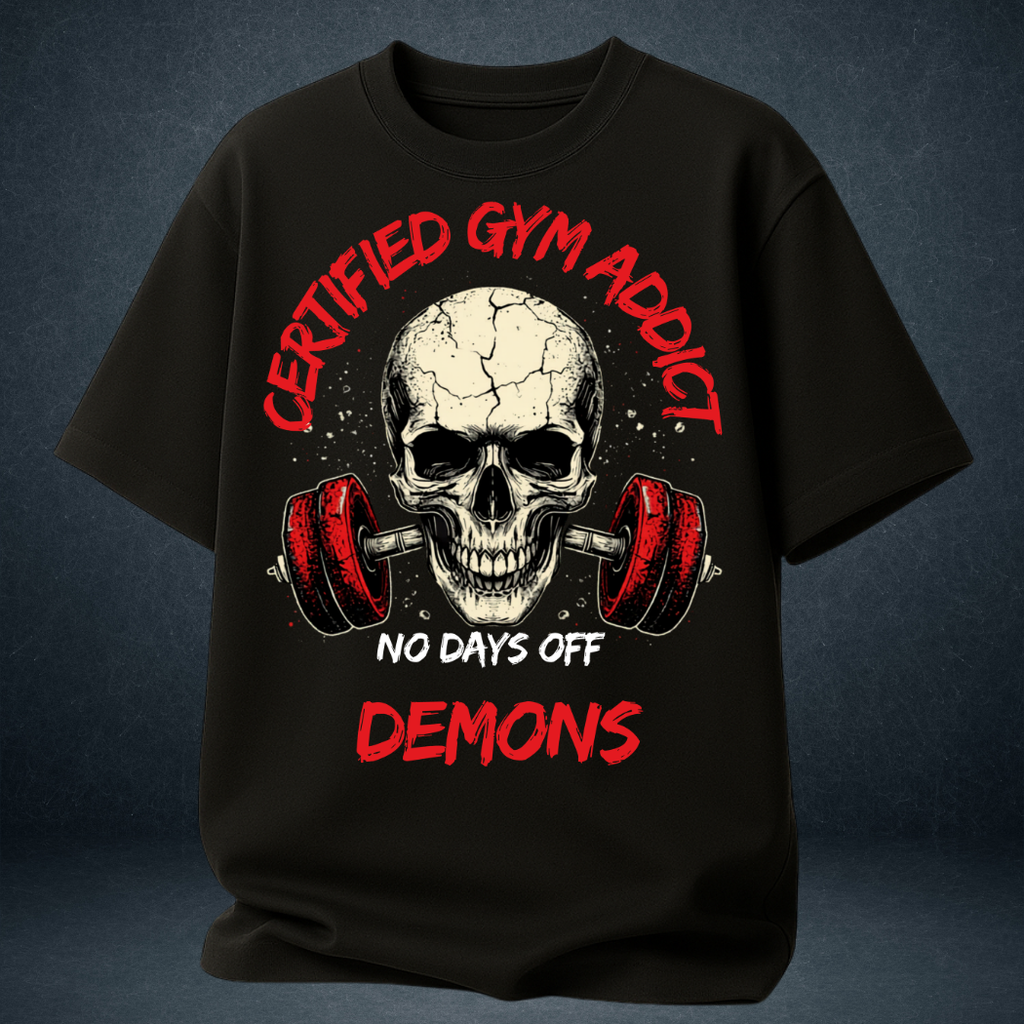 Men's black skull gym tee  Certified Gym Addict Demons graphic oversized fit  Prospera Clothing India