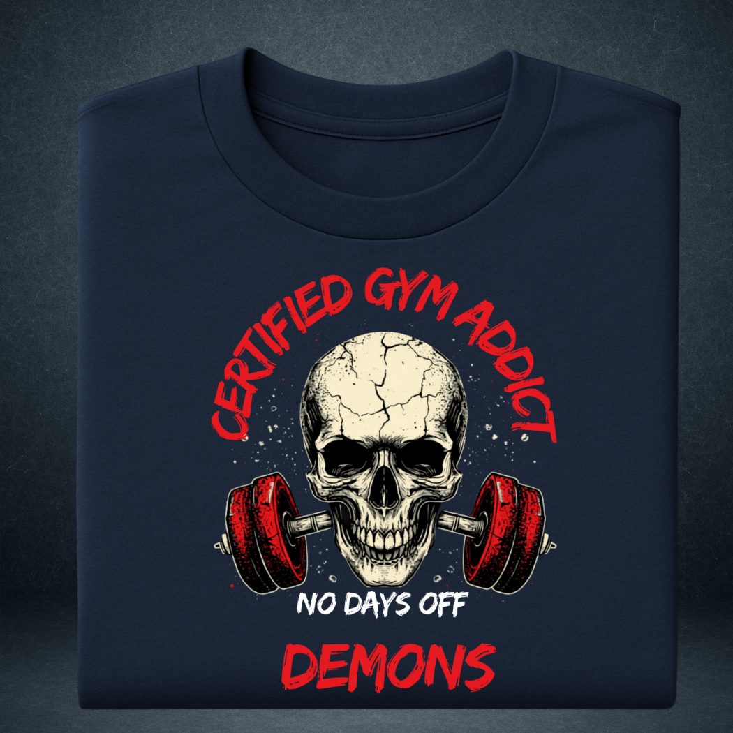 Certified Gym Addict oversized t-shirt in navy blue  skull and barbell graphic  folded view - Prospera Clothing India