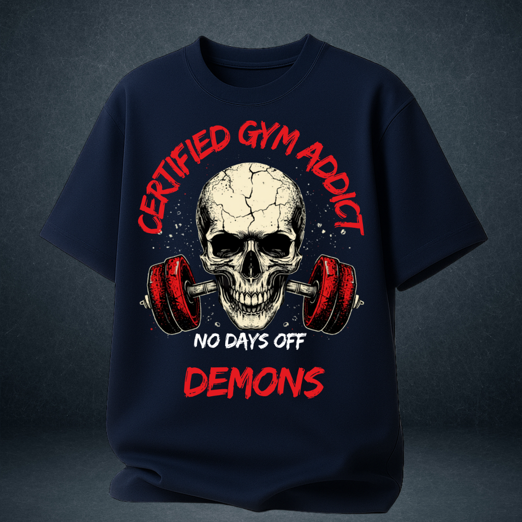 Men's gym graphic tee navy blue Certified Gym Addict No Days Off skull print - oversized streetwear shirt India