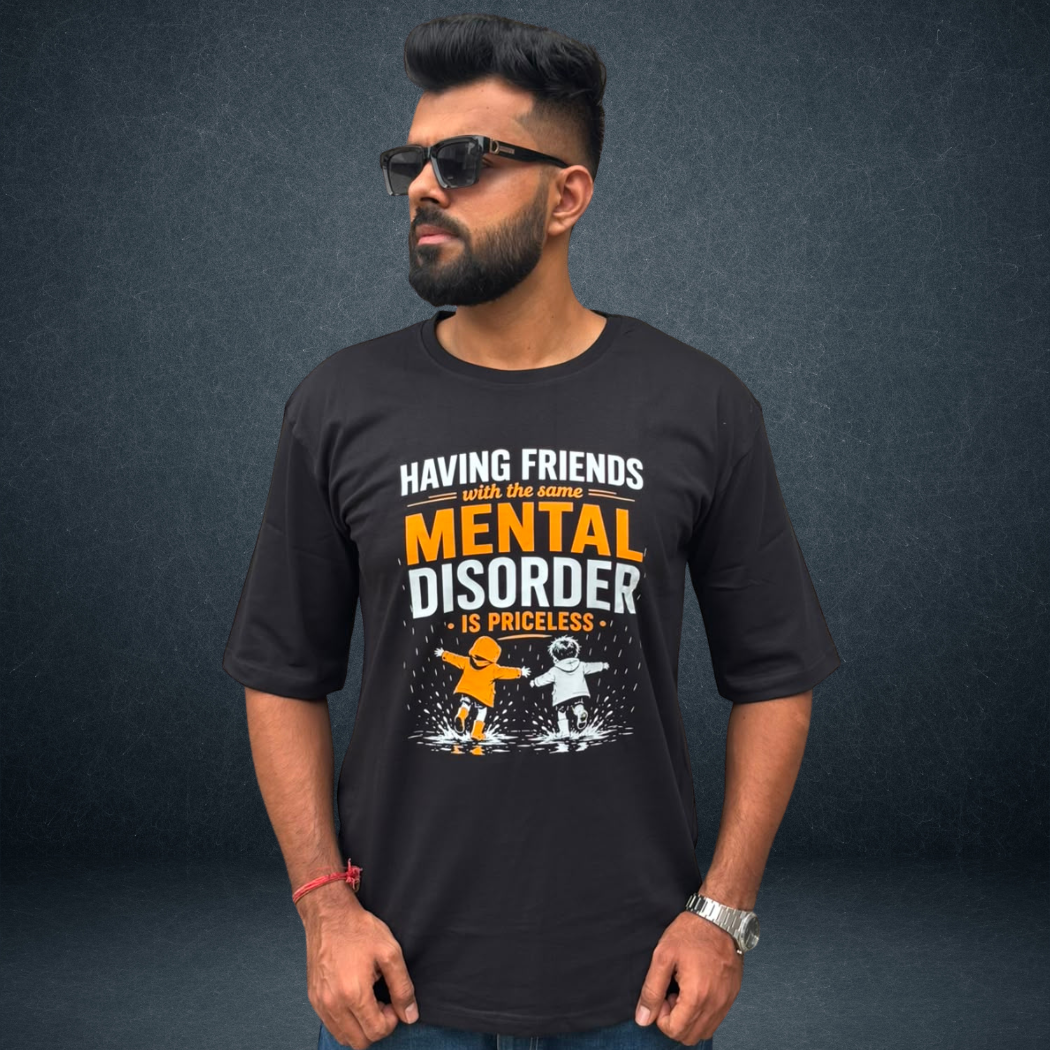 Funny Friendship Oversized T-Shirt front model wear black colour from Prospera Clothing