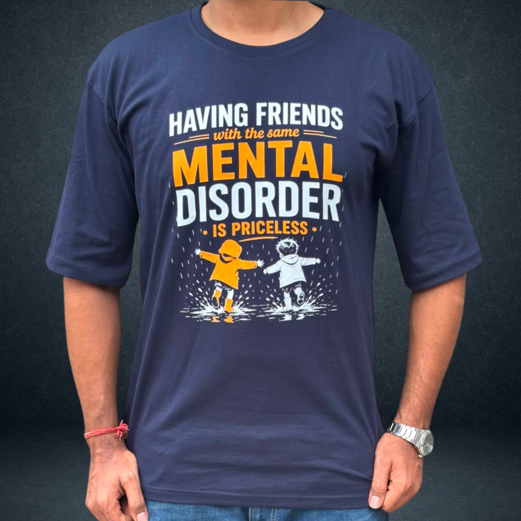 Funny Friendship Oversized T-Shirt front close up navy blue colour from Prospera Clothing