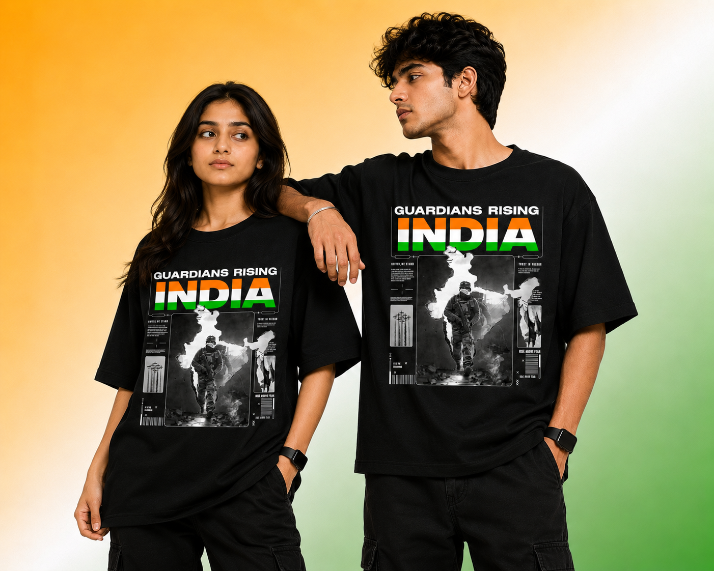 Guardians Rising India black Oversized  couple model wear T-Shirt Prospera Clothing