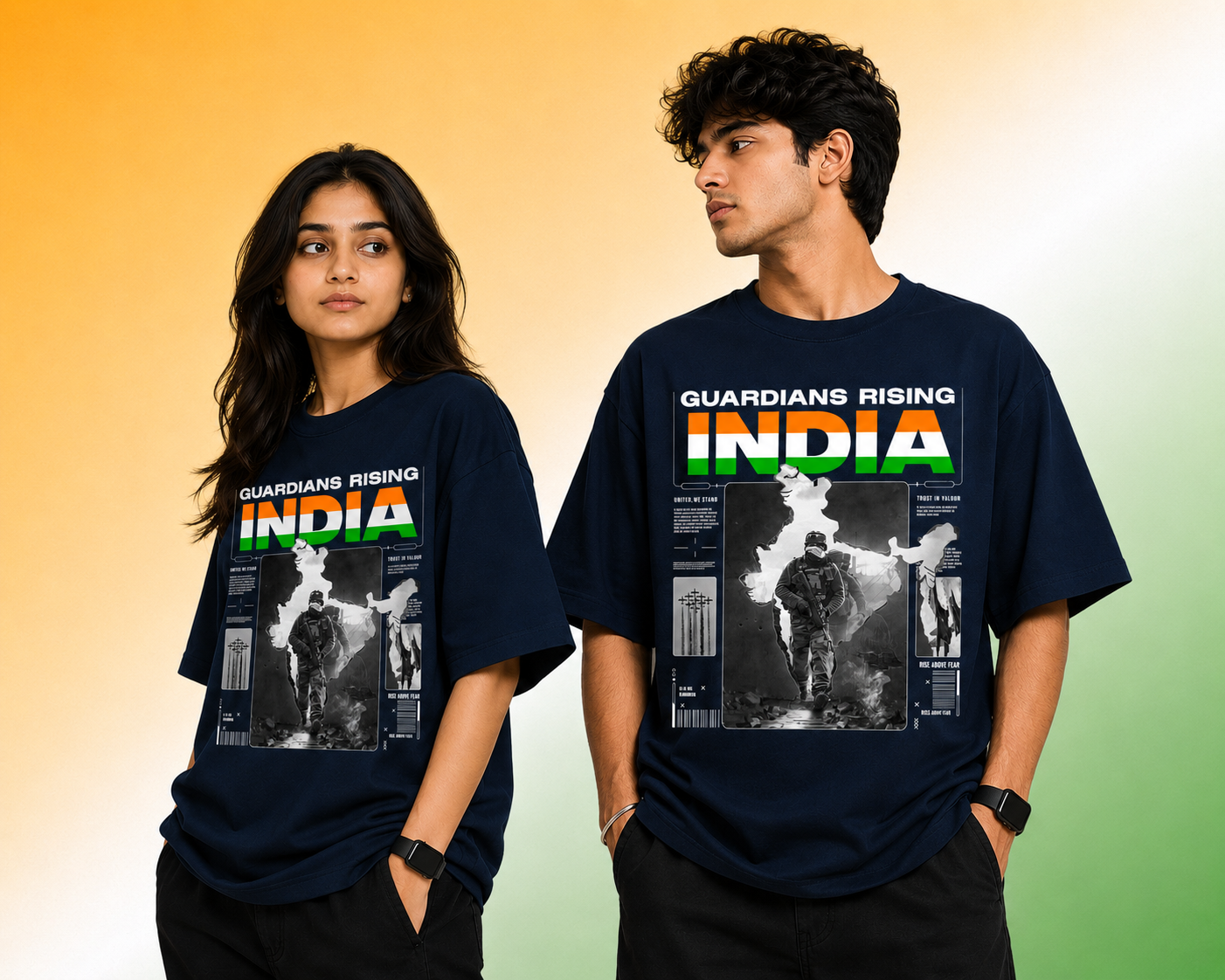 Guardians Rising India navy Oversized  couple model wear T-Shirt Prospera Clothing