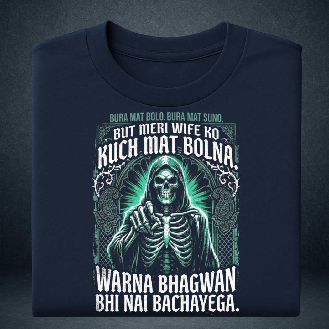 Men's navy blue Hindi graphic tshirt folded  Bura Mat Bolo husband wife quote green reaper print - Prospera