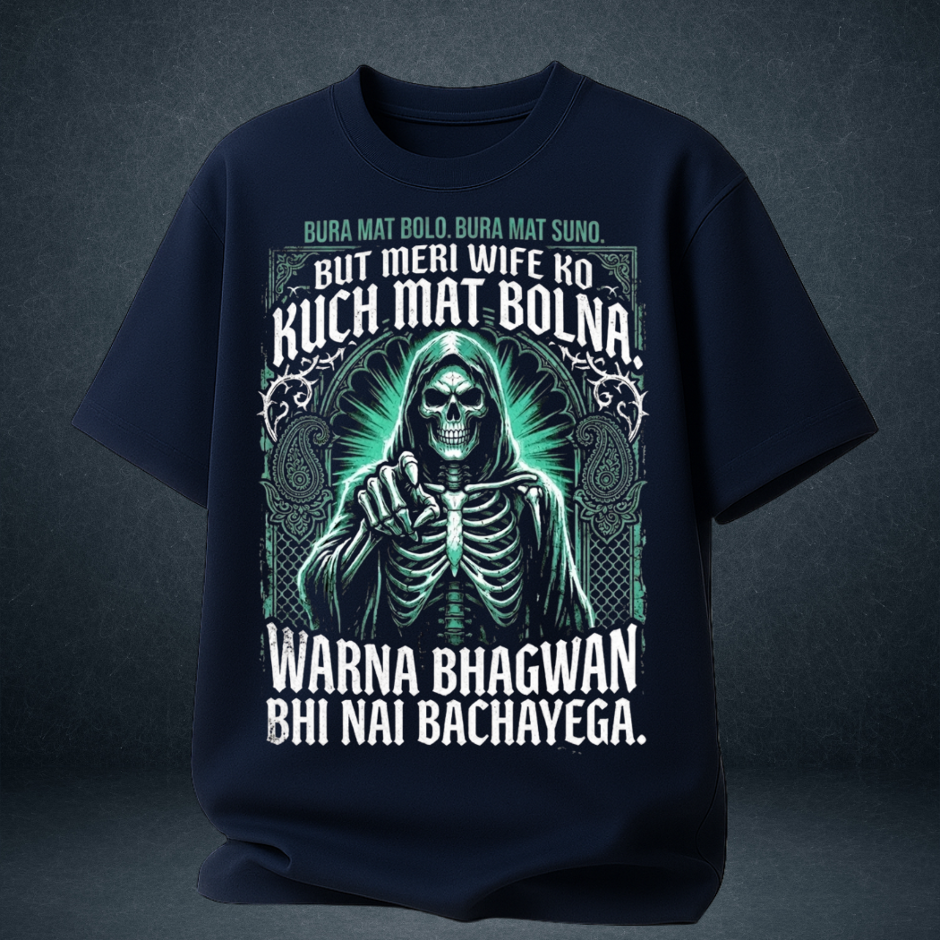 Men's navy blue oversized Hindi graphic t-shirt  Meri Wife Ko Kuch Mat Bolna  husband quote tee - Prospera Clothing India