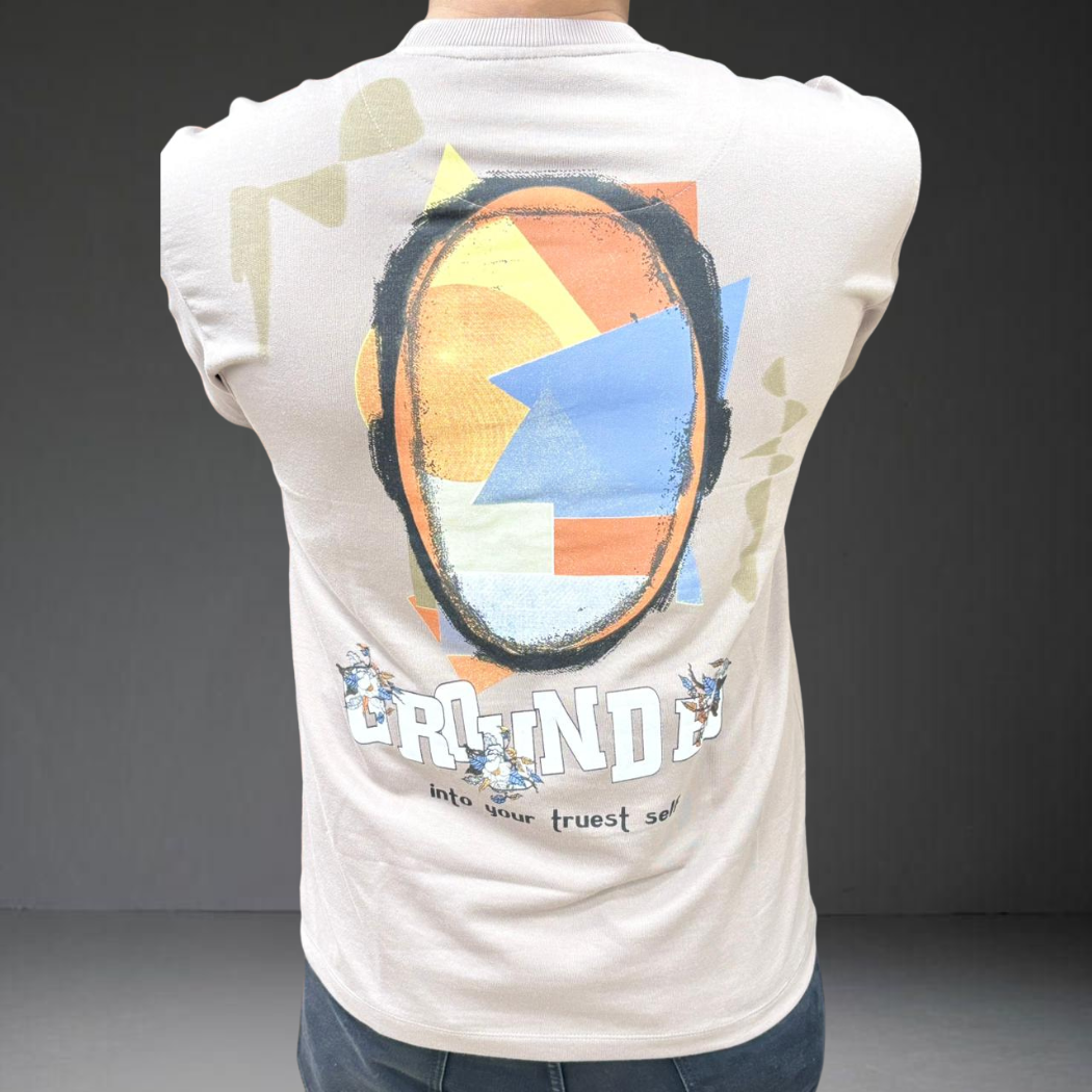 Back print graphic design khaki beige t-shirt detail Prospera