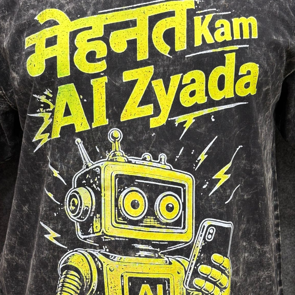 Mehnat Kam AI Zyada oversized acid wash t-shirt in black charcoal  front close up view Indian streetwear brand Prospera