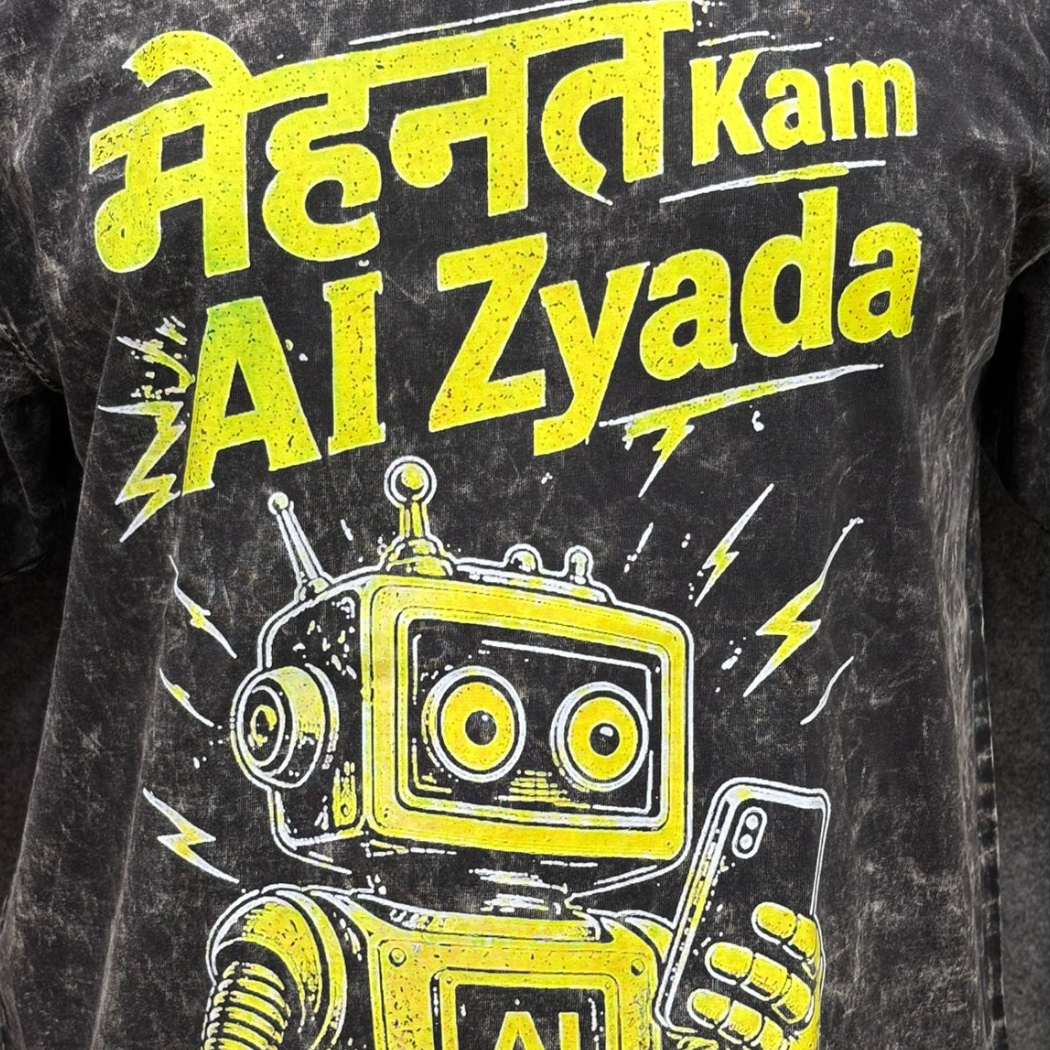 Mehnat Kam AI Zyada oversized acid wash t-shirt in black charcoal  front close up view Indian streetwear brand Prospera