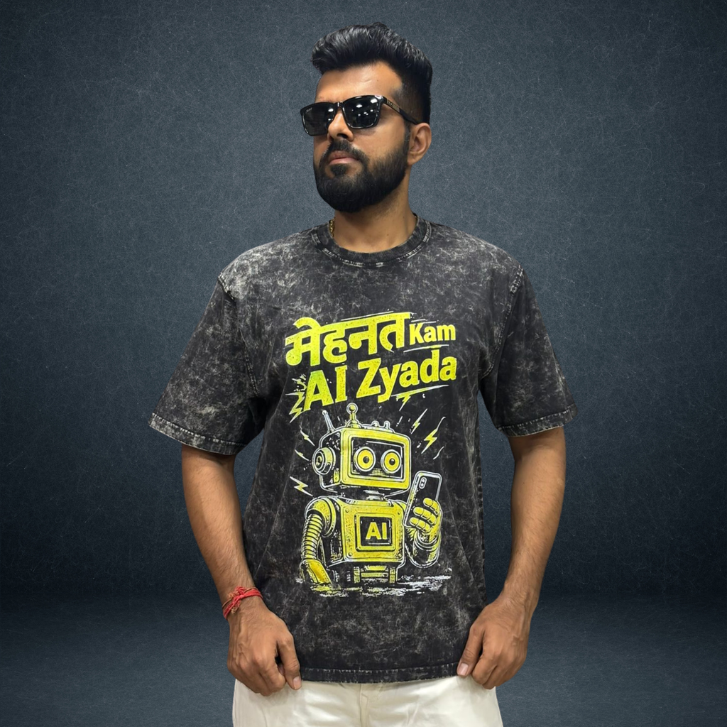 Mehnat Kam AI Zyada oversized acid wash t-shirt in black charcoal  front view male model  Indian streetwear brand Prospera