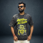 Mehnat Kam AI Zyada oversized acid wash t-shirt in black charcoal  front view male model  Indian streetwear brand Prospera