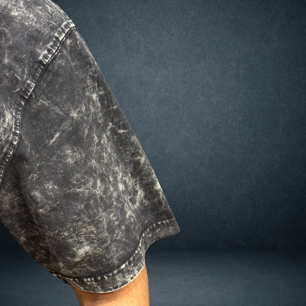 Mehnat Kam AI Zyada oversized acid wash t-shirt in black charcoal  sleeve view Indian streetwear brand Prospera