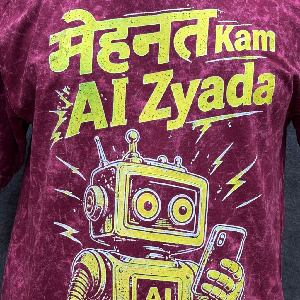 Mehnat Kam AI Zyada oversized acid wash t-shirt in maroon  front close up view  Indian streetwear brand Prospera