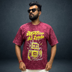 Mehnat Kam AI Zyada oversized acid wash t-shirt in maroon  model wear front view male model  Indian streetwear brand Prospera